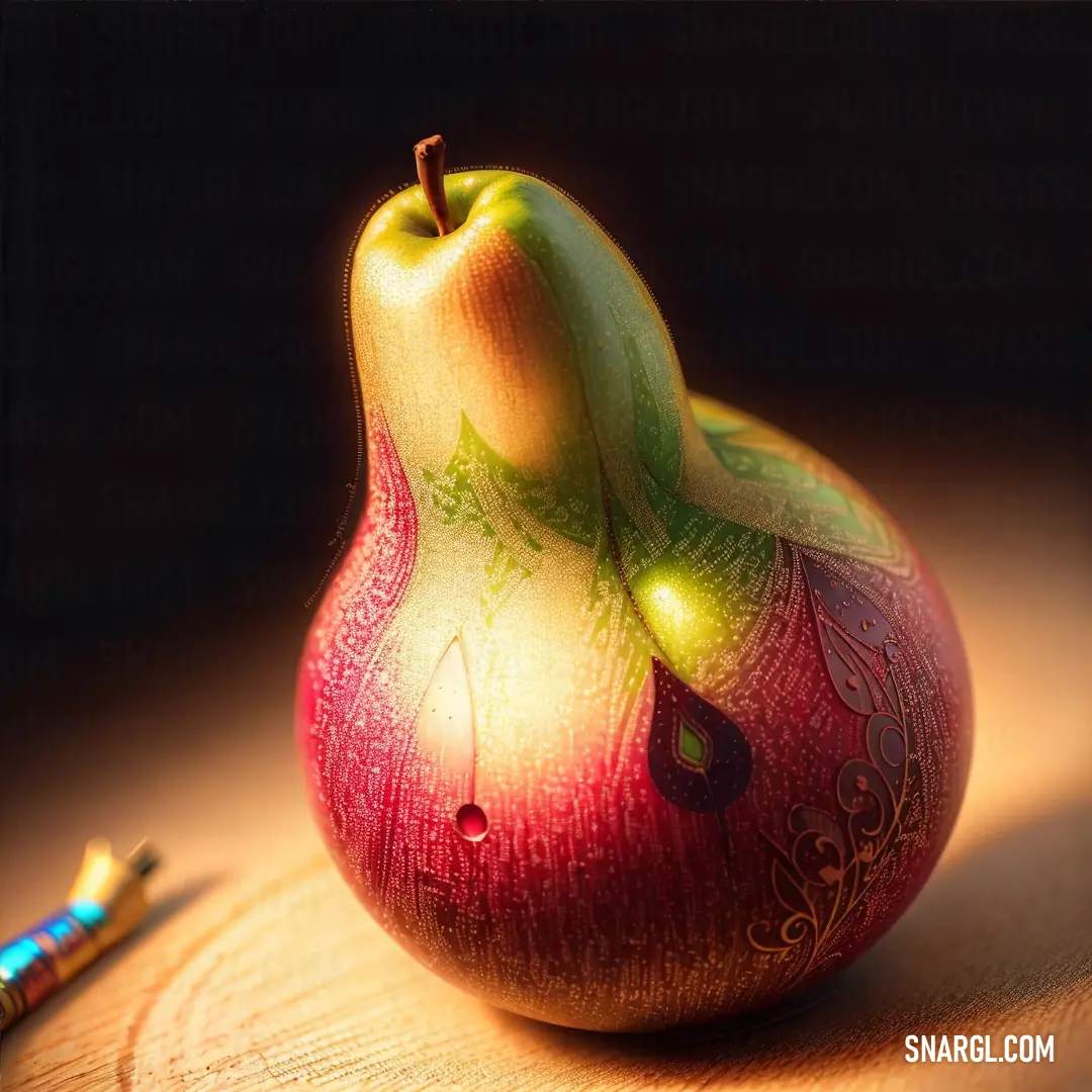 Colorful pear on a wooden table next to a crayon marker and a pencil holder on the table