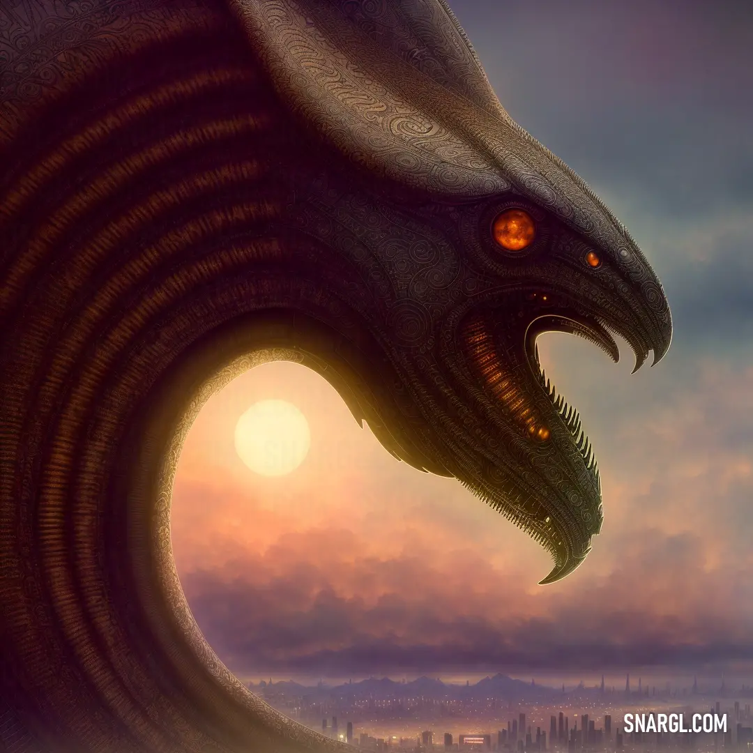 Dragon with red eyes is in front of a city skyline at sunset