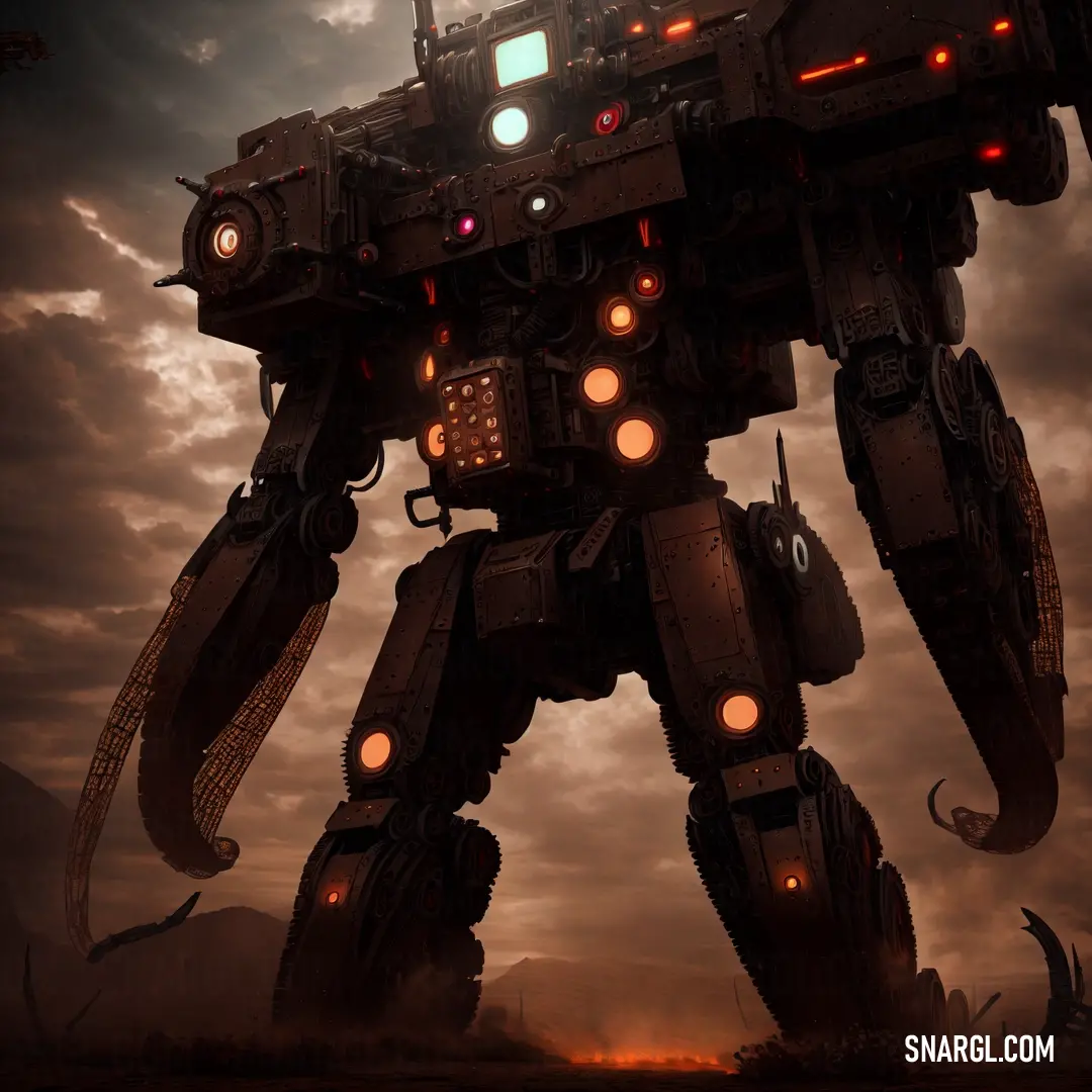 Giant robot standing in the middle of a field with a sky background and clouds in the background with a red light on it