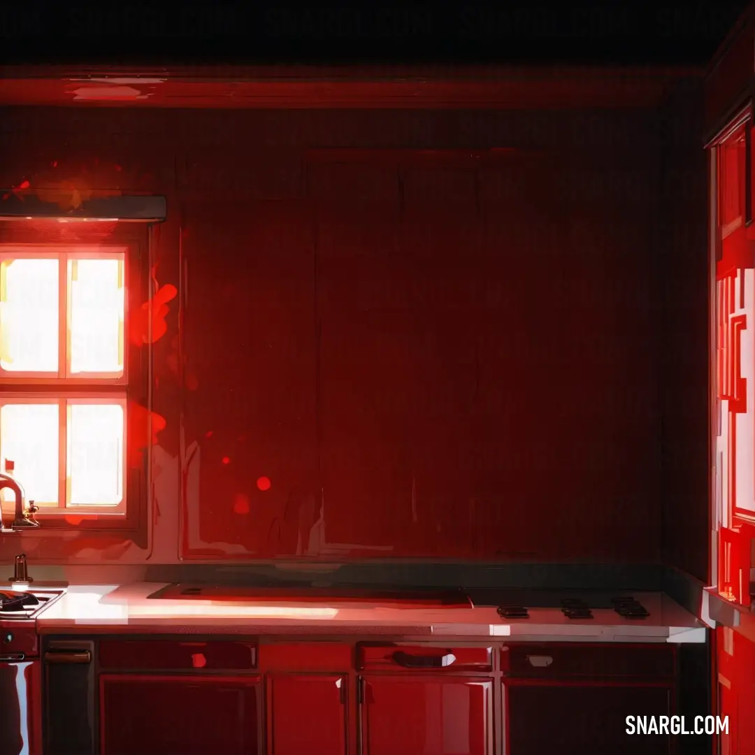 Kitchen with a sink and a window in it's center area, with a red painted wall. Example of #A52A2A color.