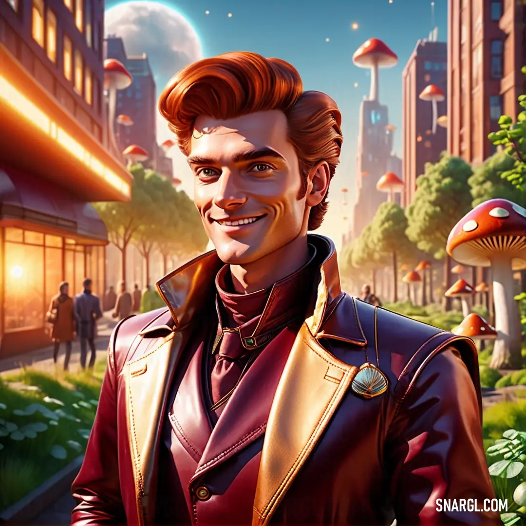 Brown color example: Man in a red jacket standing in front of a mushroom filled city