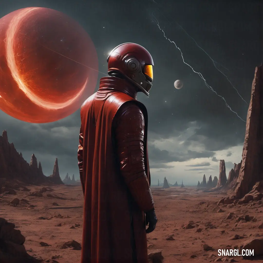 Man in a red suit and helmet standing in front of a red planet with a lightning bolt in the background. Example of #A52A2A color.