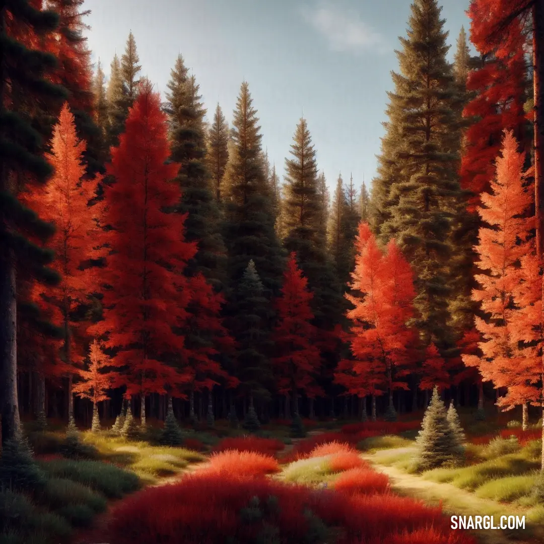 Painting of a forest with red trees and grass in the foreground. Example of CMYK 0,75,75,35 color.