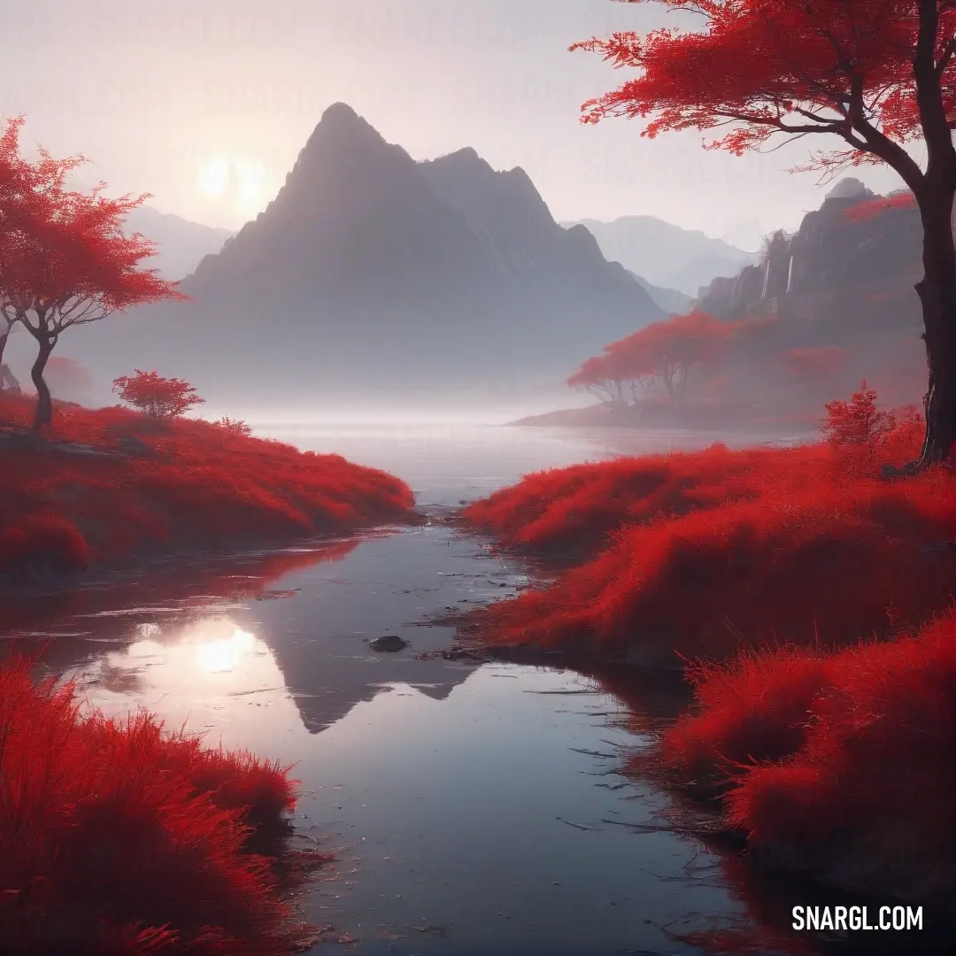 Brown color. Painting of a river surrounded by red trees and grass with a mountain in the background