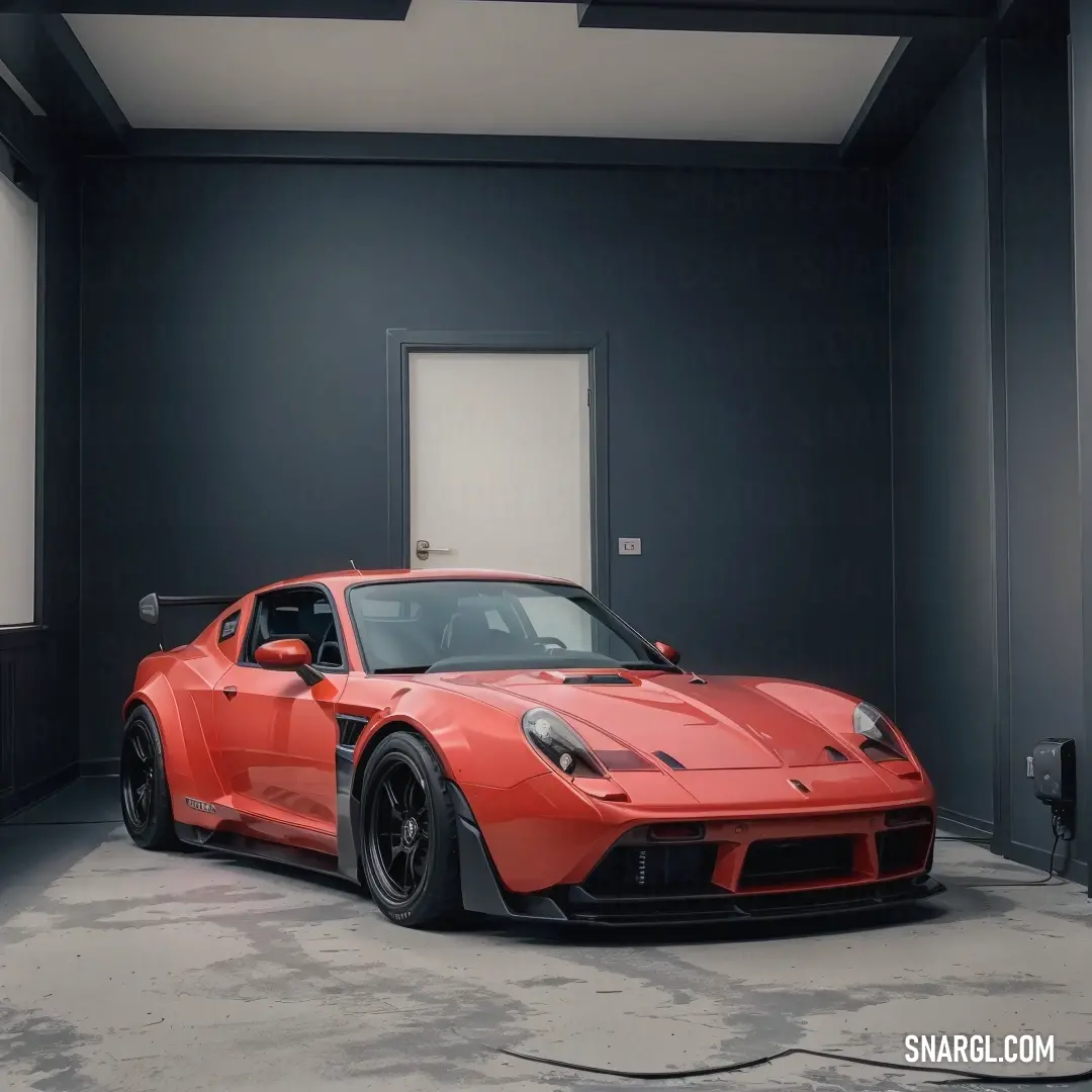 Brown color example: Red sports car parked in a garage next to a wall with a door open and a hose connected to it