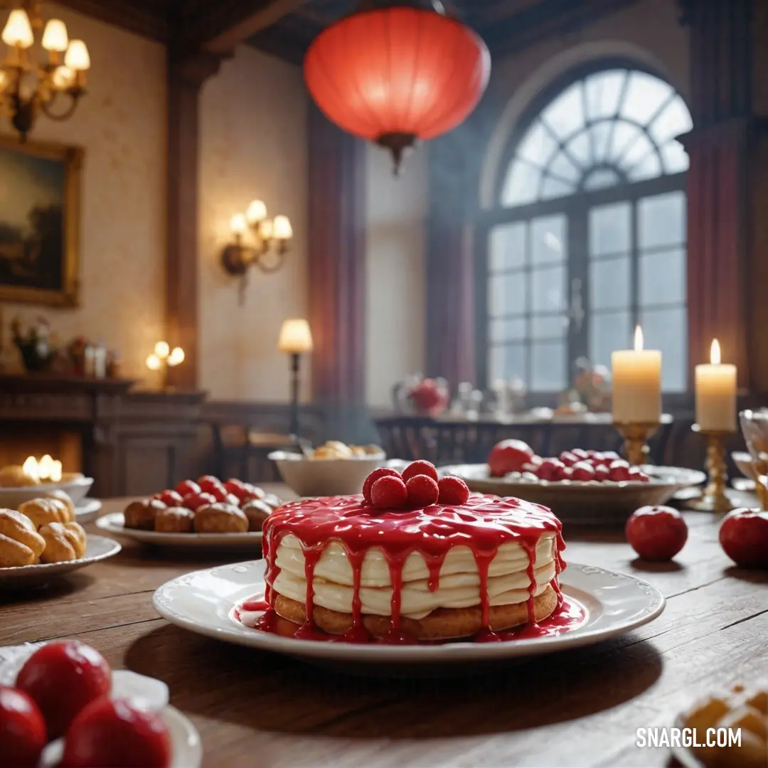 Table with a cake and plates of food on it and a red light hanging from the ceiling above. Color Brown.