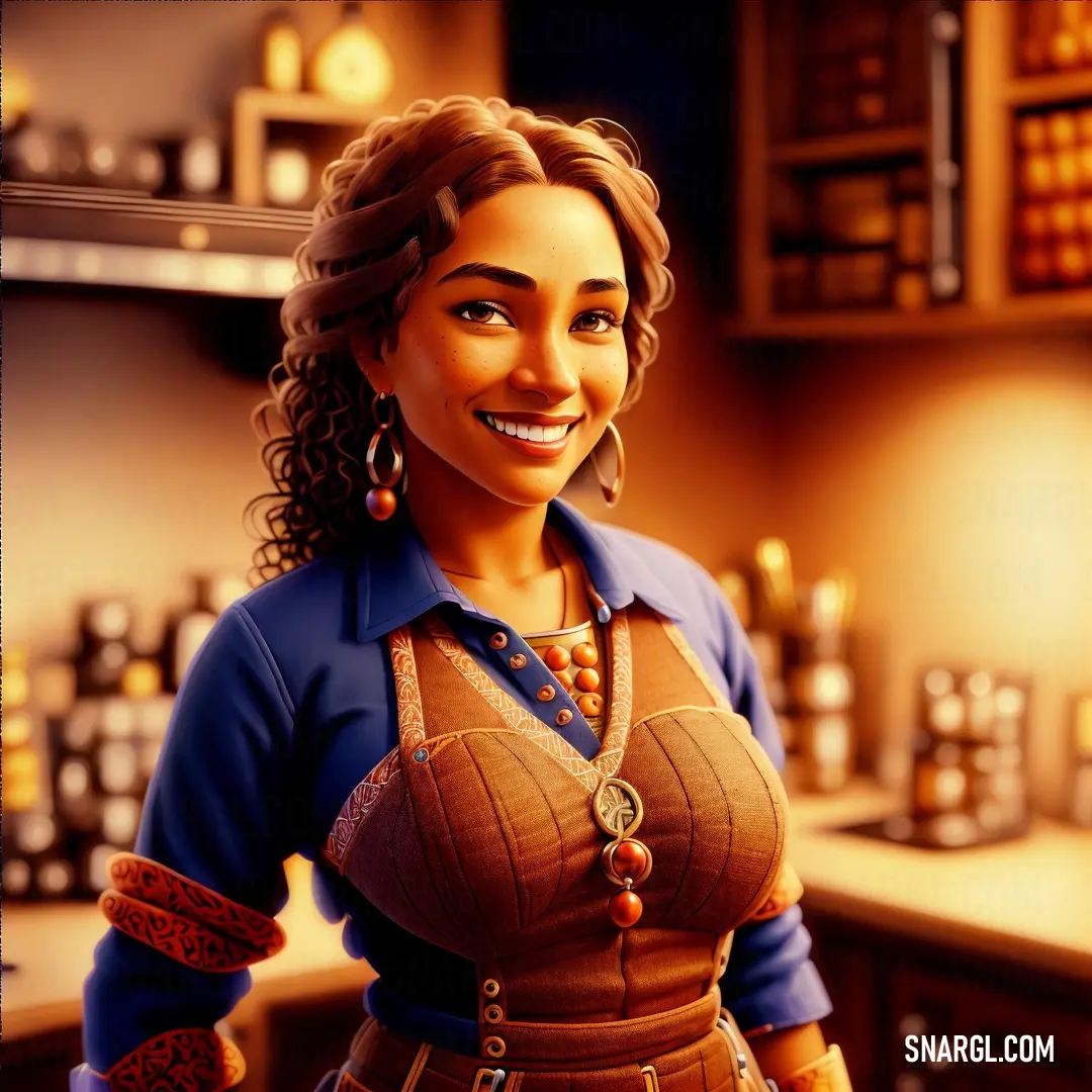 Woman in a kitchen with a smile on her face and a necklace on her neck and arm
