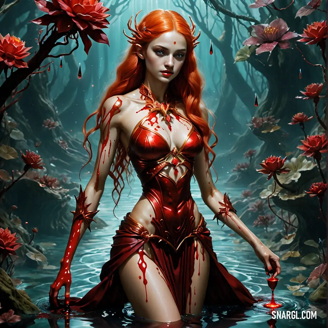 Woman in a red dress is in a swamp with flowers and leaves on her body. Example of #A52A2A color.