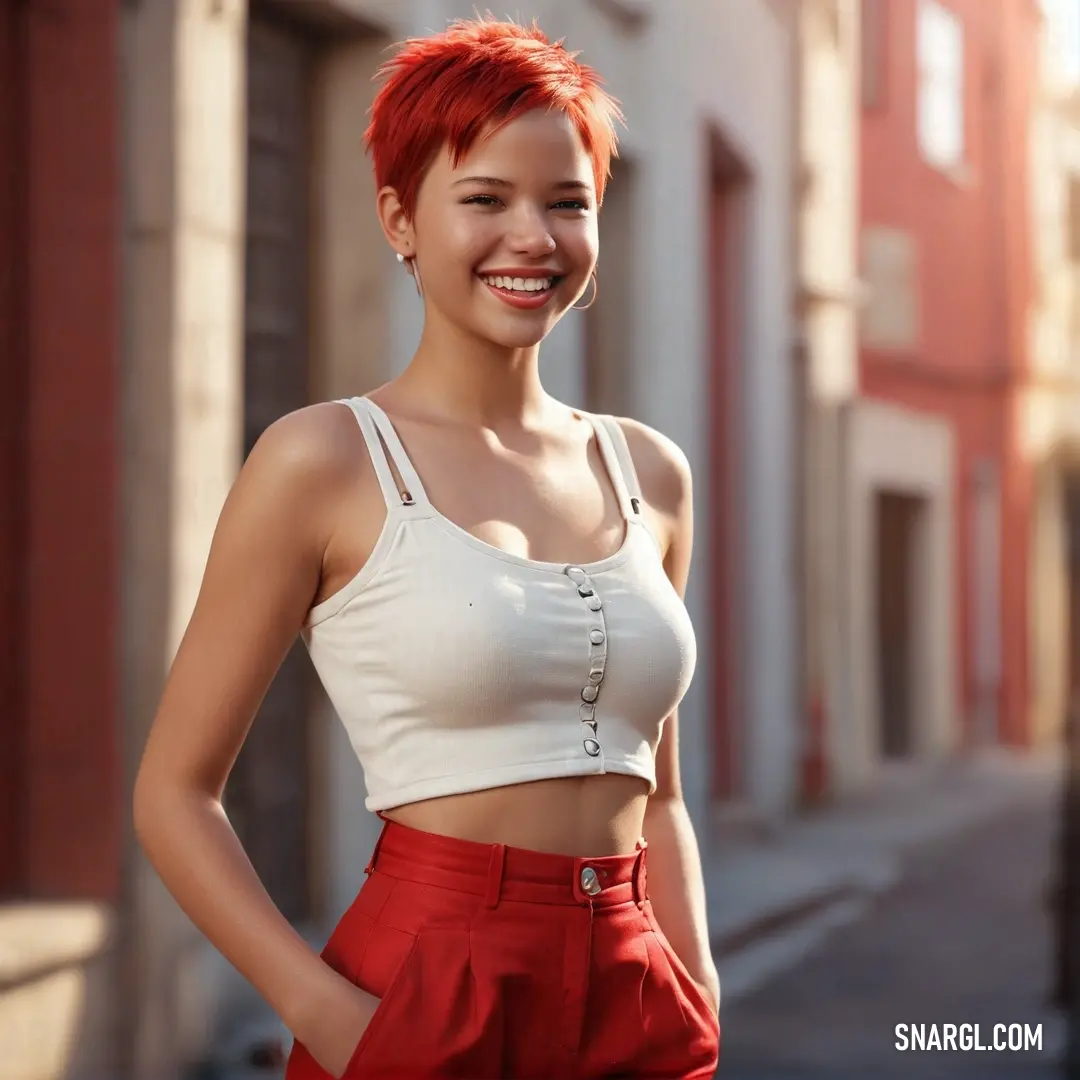 Woman with red hair and a white top smiling at the camera with a city street in the background. Color CMYK 0,75,75,35.