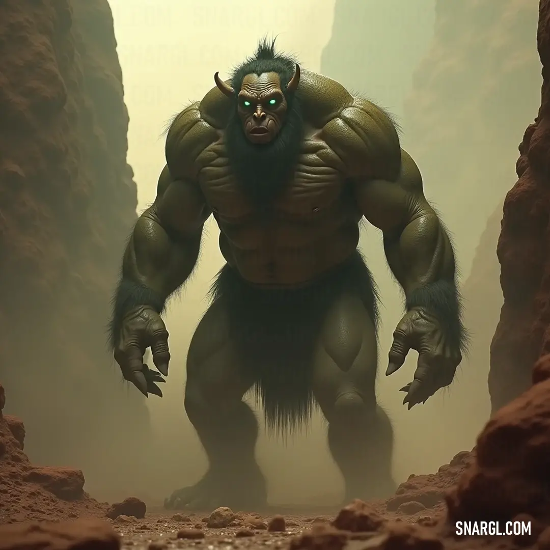 A grand Brugg lounges inside its cave, with piercing green eyes that glow against the dark backdrop, representing the enigmatic essence of this ancient creature. A large, furry Brugg with bright green eyes sits regally within a dark cave, its thick beard flowing down its chest, exuding an aura of wisdom and strength.