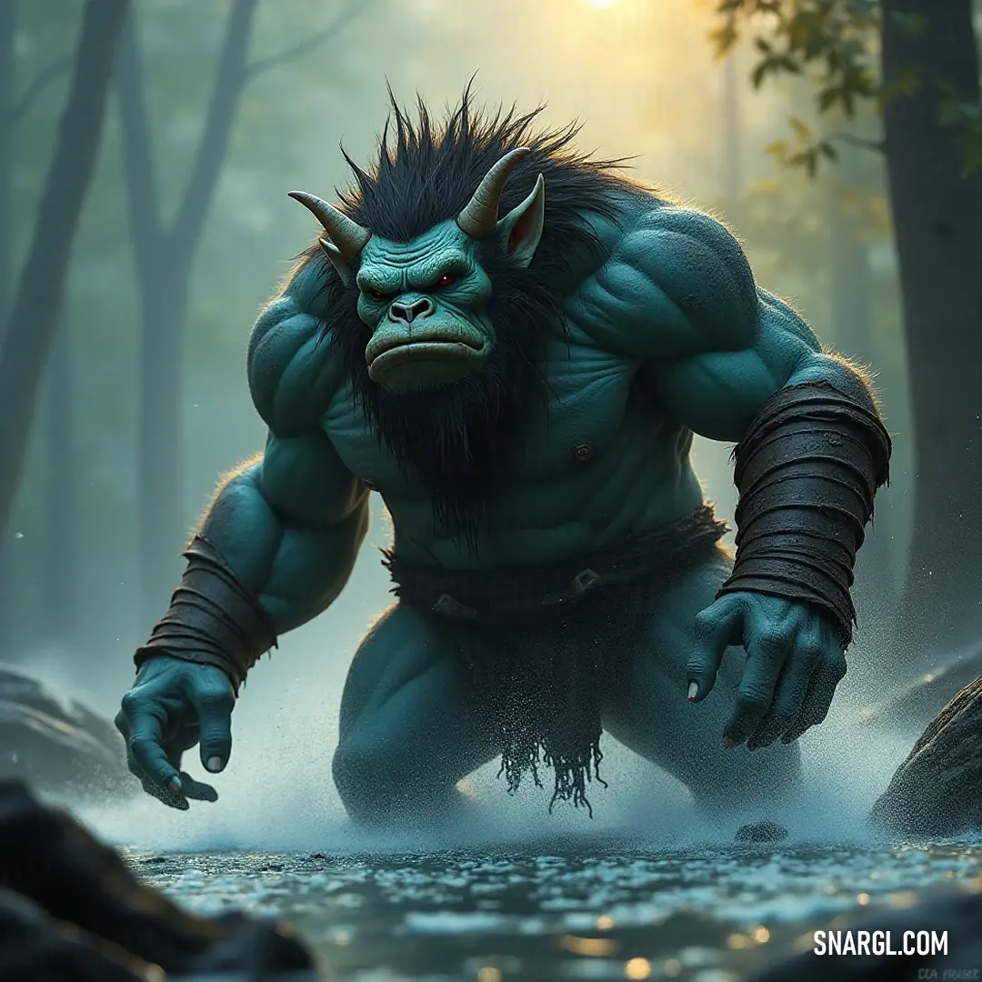 Brusk, a formidable figure equipped with a beard, stands assertively in a forest adorned with glistening water and rugged rocks, embodying the spirit of the wild.