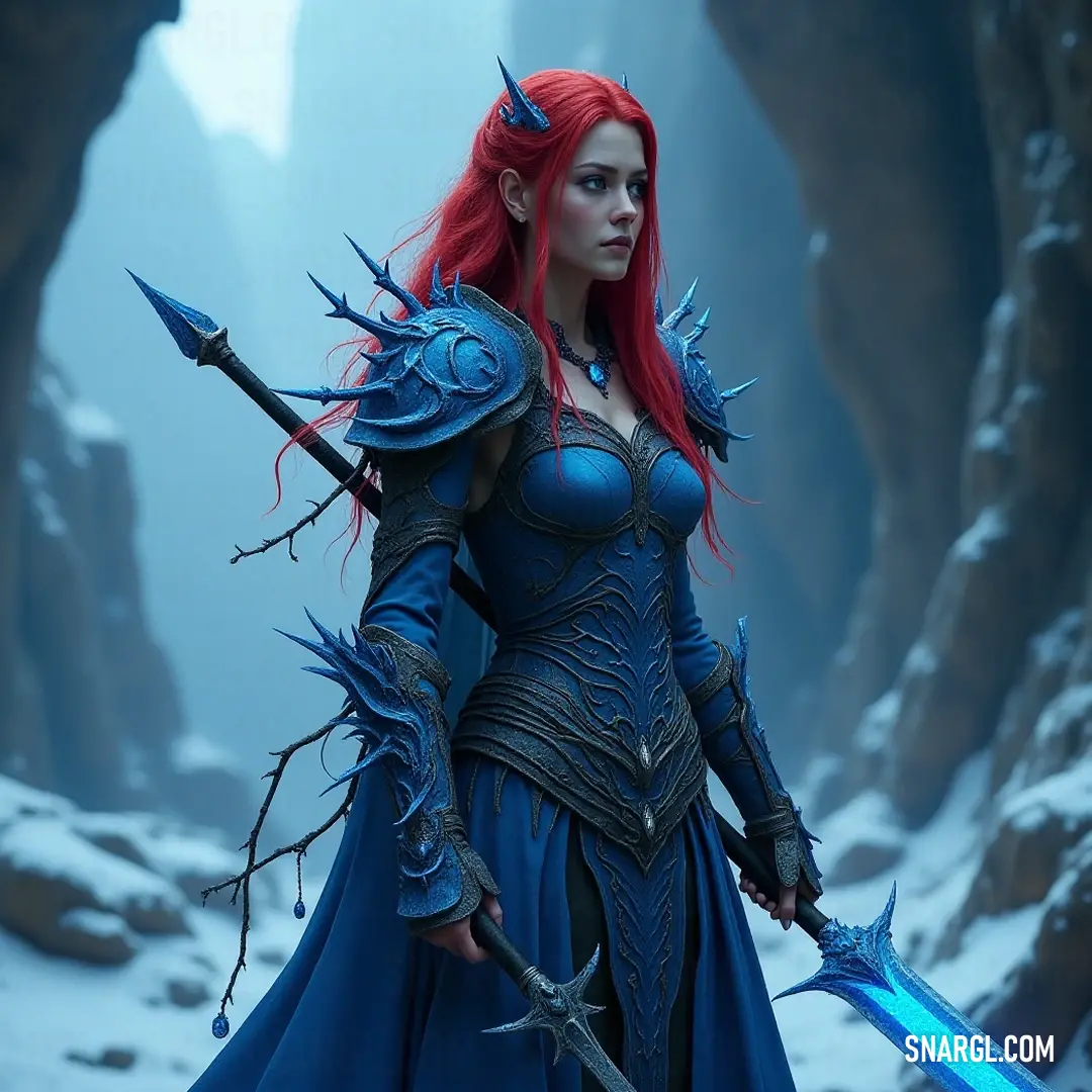 A striking figure in a lovely blue dress holds a sword firmly, standing bravely in a snowy landscape, surrounded by rugged rocks, embodying resilience and grace in challenging environments.