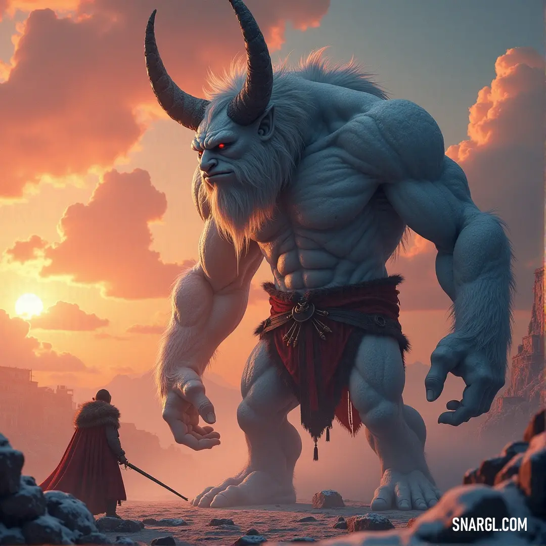 Brynhildr, adorned with horns and a sword, stands alongside a giant creature in a dramatic rocky terrain, bathed in the warm glow of a breathtaking sunset. A powerful warrior, Brynhildr, with a horned head and an imposing sword, stands beside a colossal, menacing creature in a rugged, rocky landscape as the golden light of a setting sun paints the sky with vibrant colors.