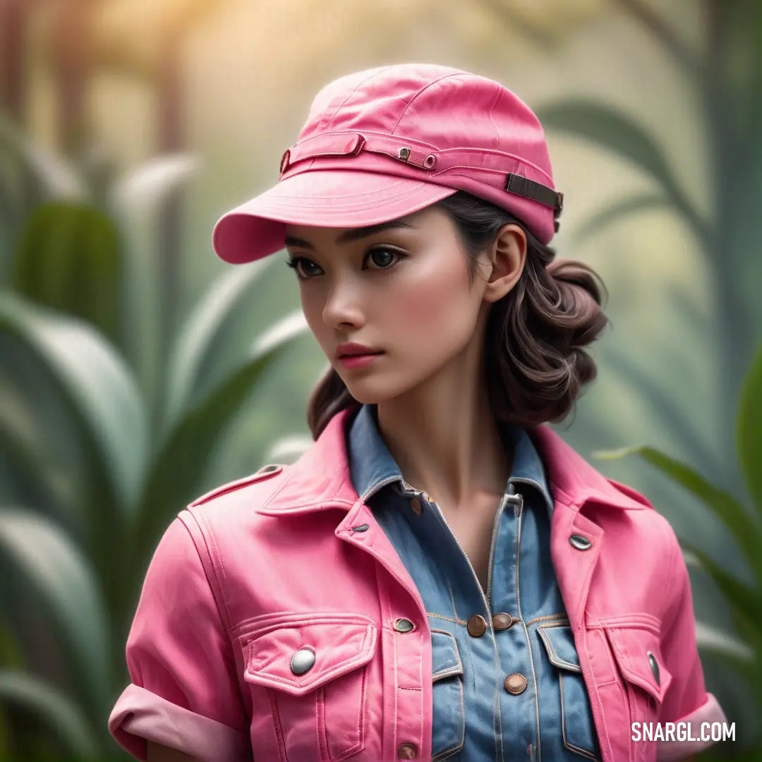 Painting of a woman in a pink hat and jacket with a pink jacket on and a blue shirt on. Color #FFC1CC.