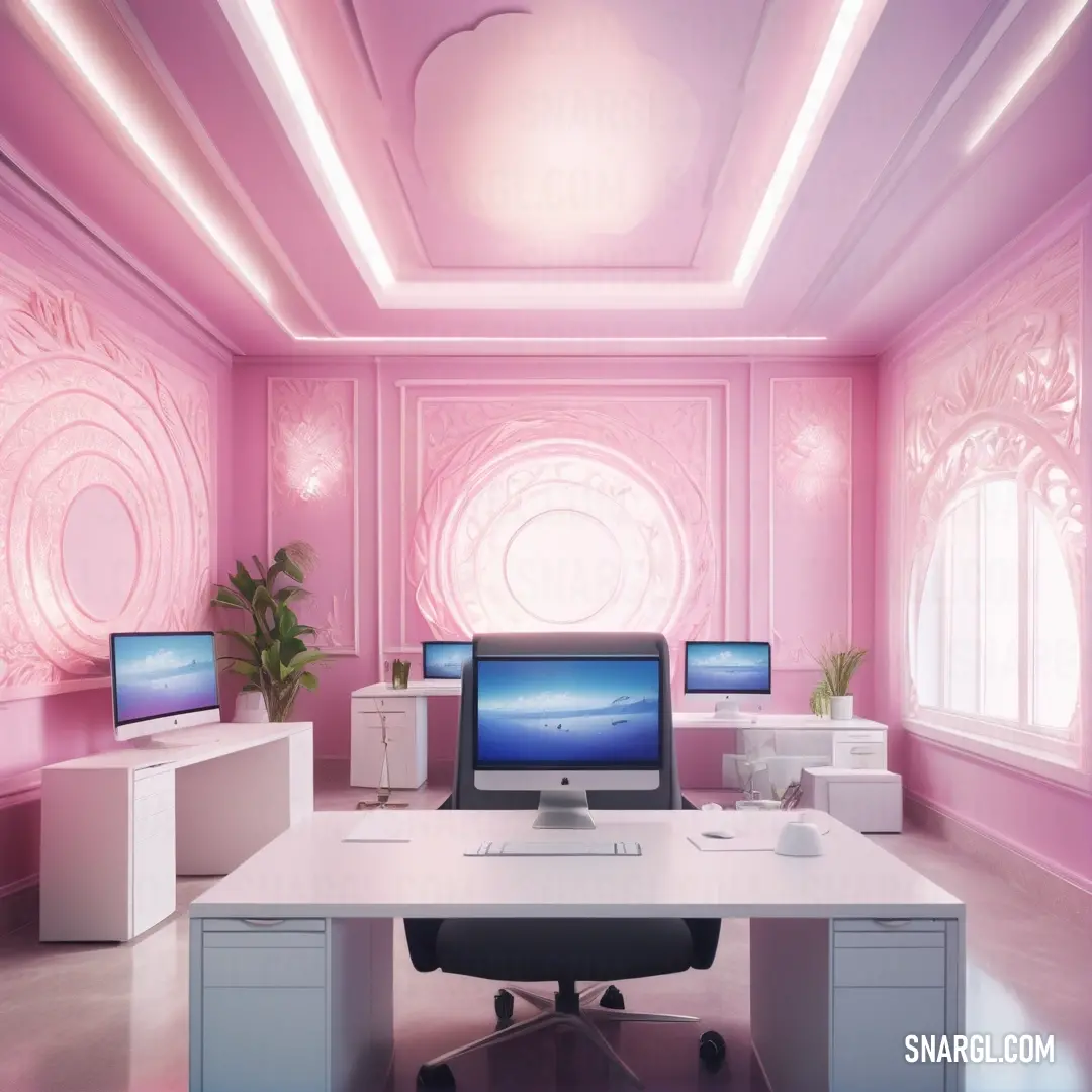 Room with a desk and two monitors on it and a plant in the corner of the room with a pink ceiling. Color #FFC1CC.