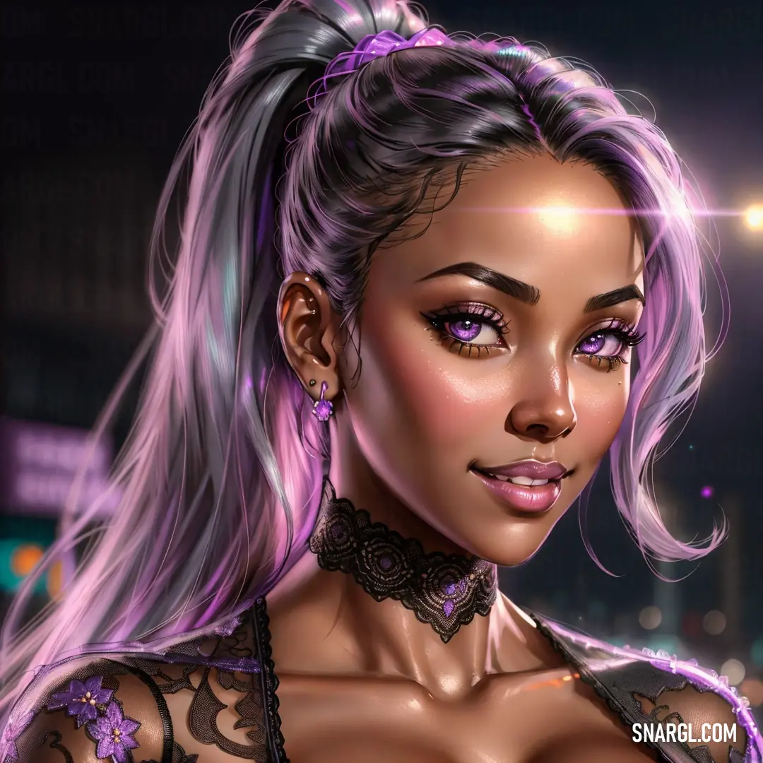 Woman with purple hair and a choker on her neck and chest is looking at the camera with a city in the background