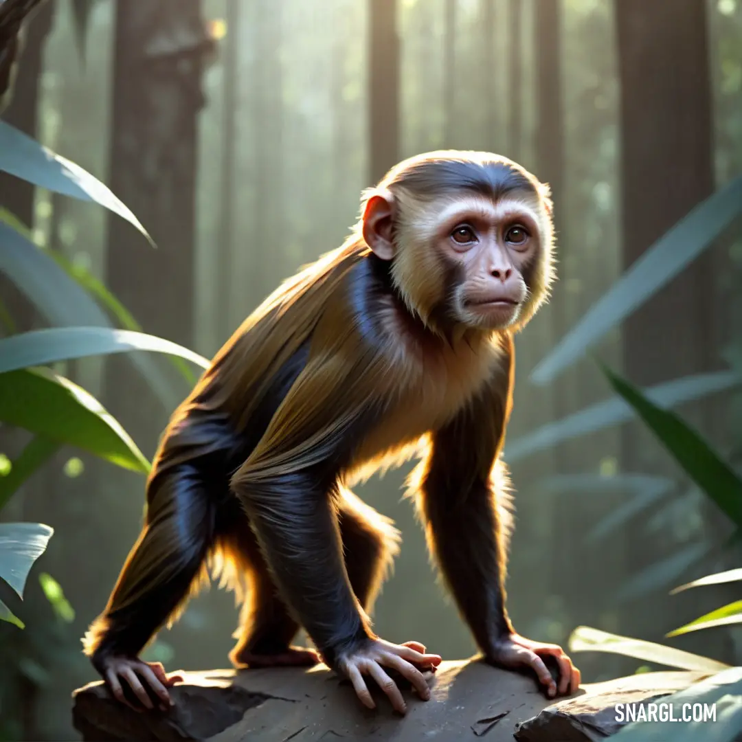 Monkey is standing on a rock in the jungle with trees and plants in the background