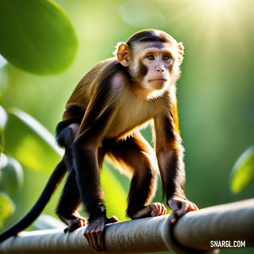 Monkey is standing on a branch in the jungle looking at something in the distance with a blurry background