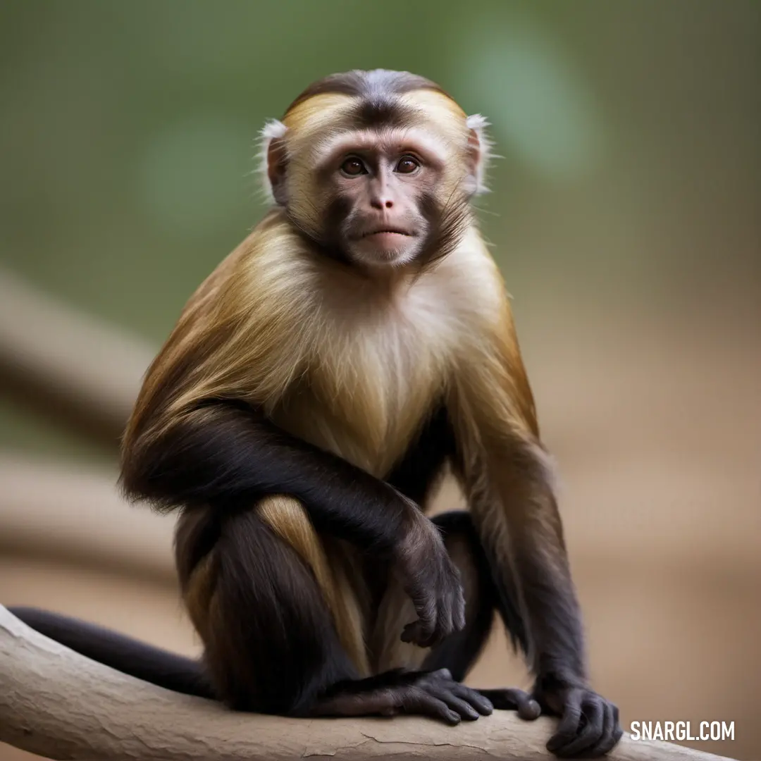 Monkey on a branch with its hands on the ground and looking at the camera with a blurry background