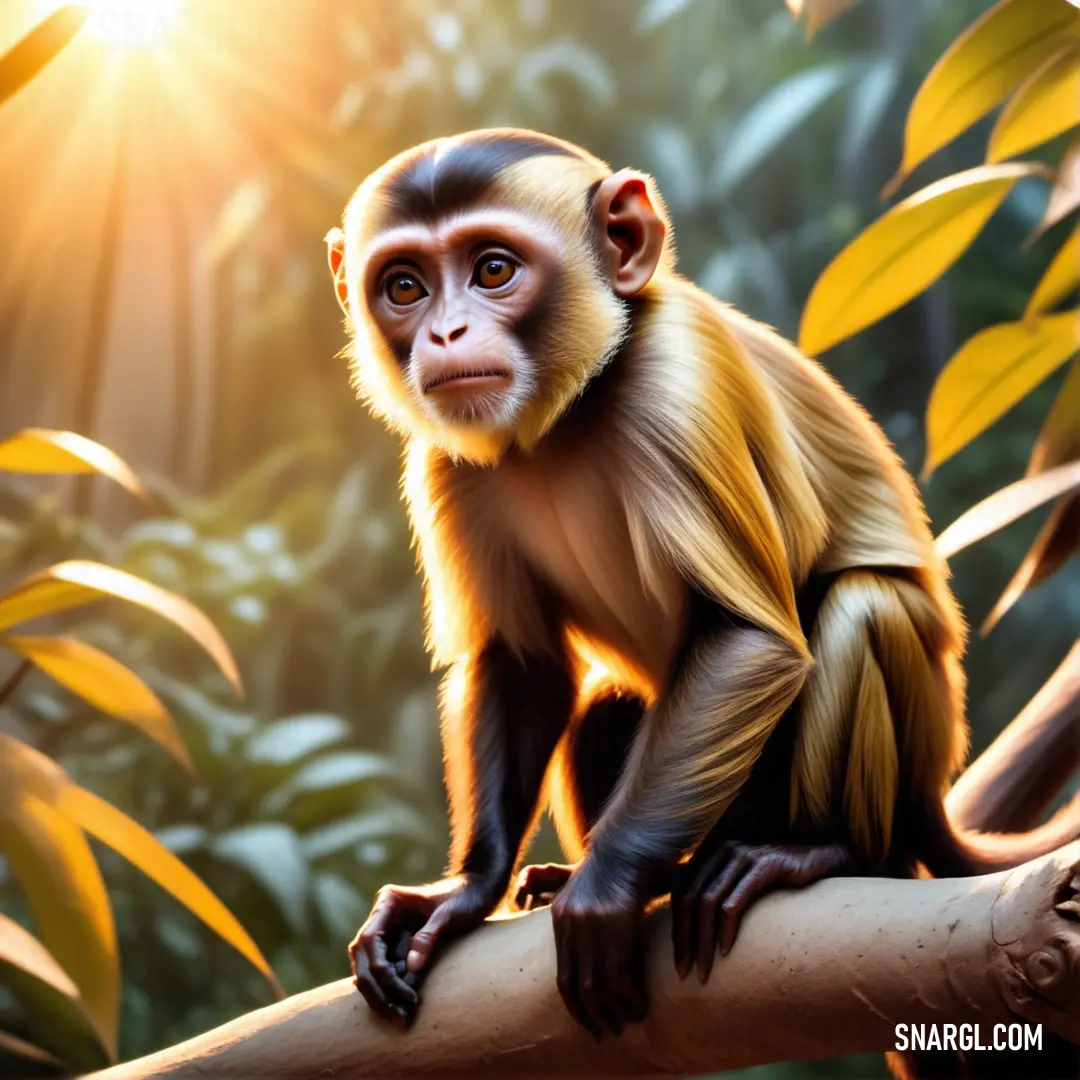Monkey on a branch in a jungle setting with the sun shining through the leaves of the trees