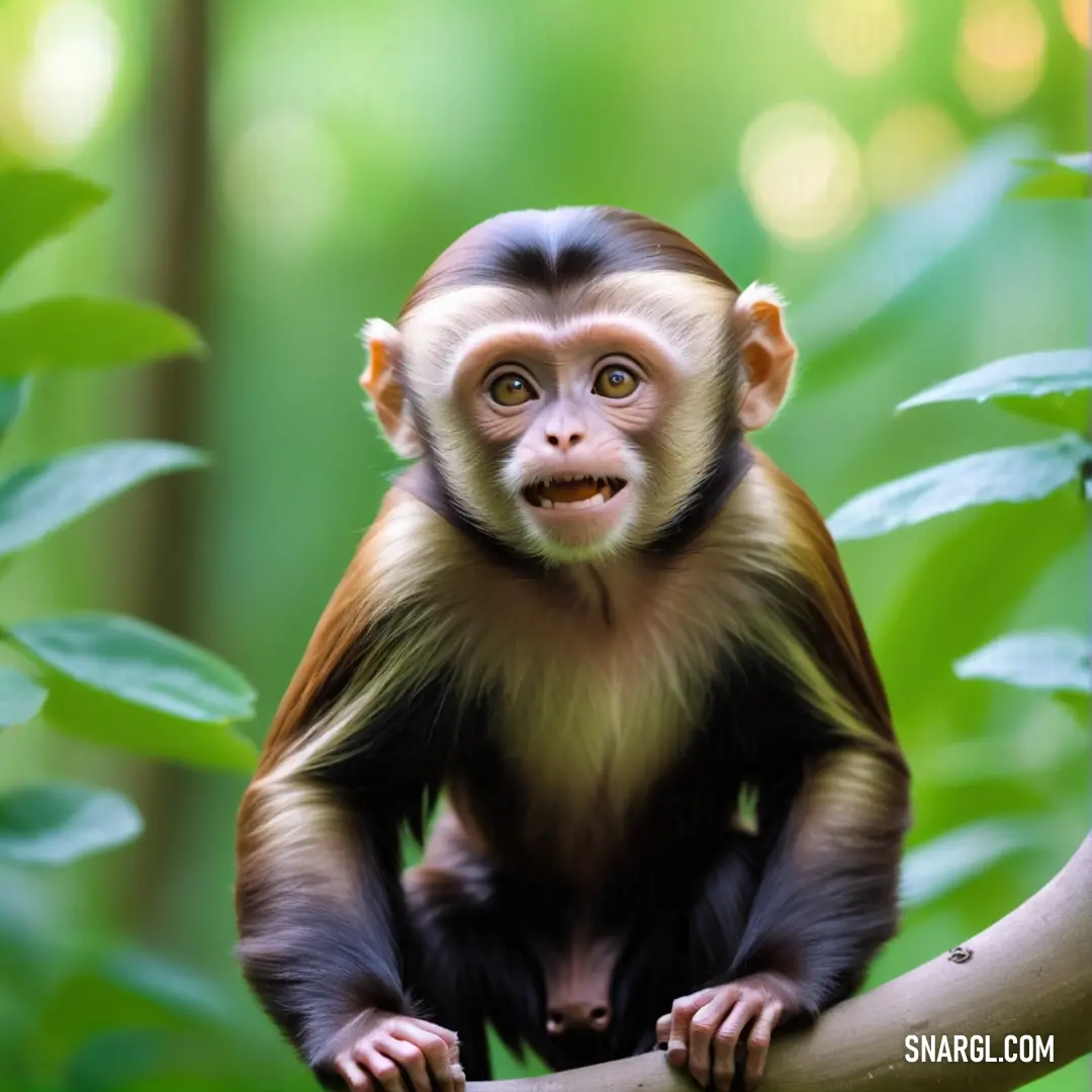 Monkey on a branch in a forest looking at the camera with a smile on its face and a green background