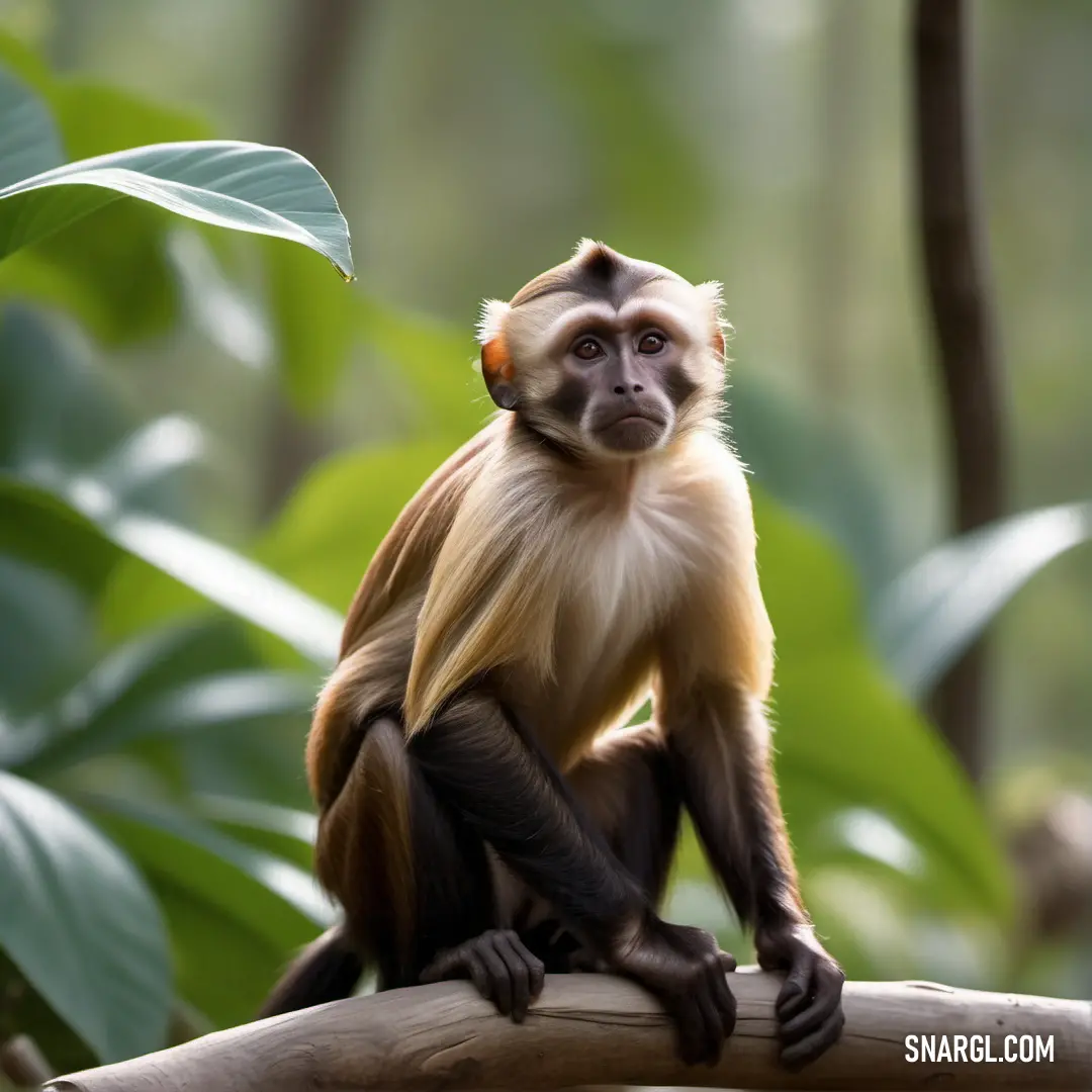 Monkey on a branch in a forest looking at the camera with a sad look on its face