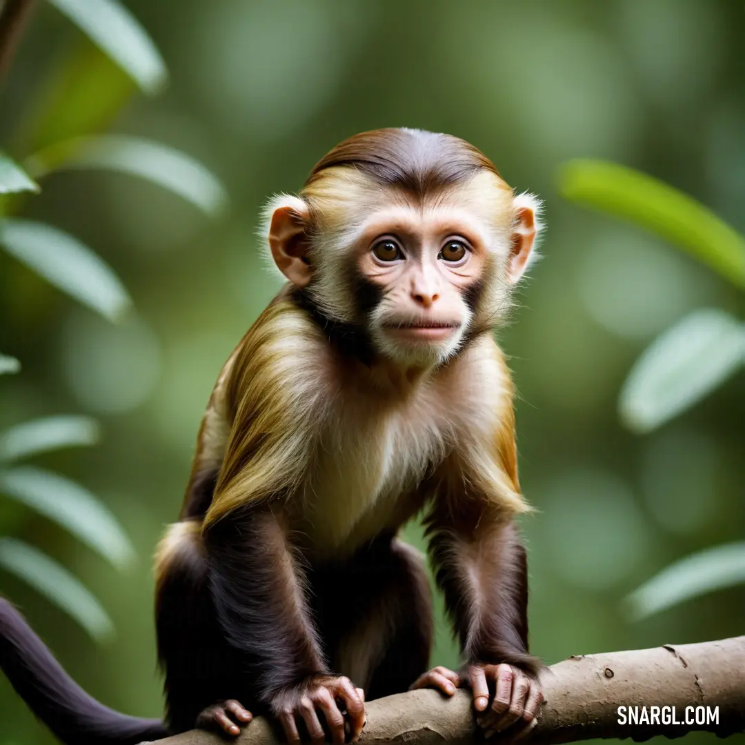 Monkey on a branch in a tree looking at the camera with a blurry background