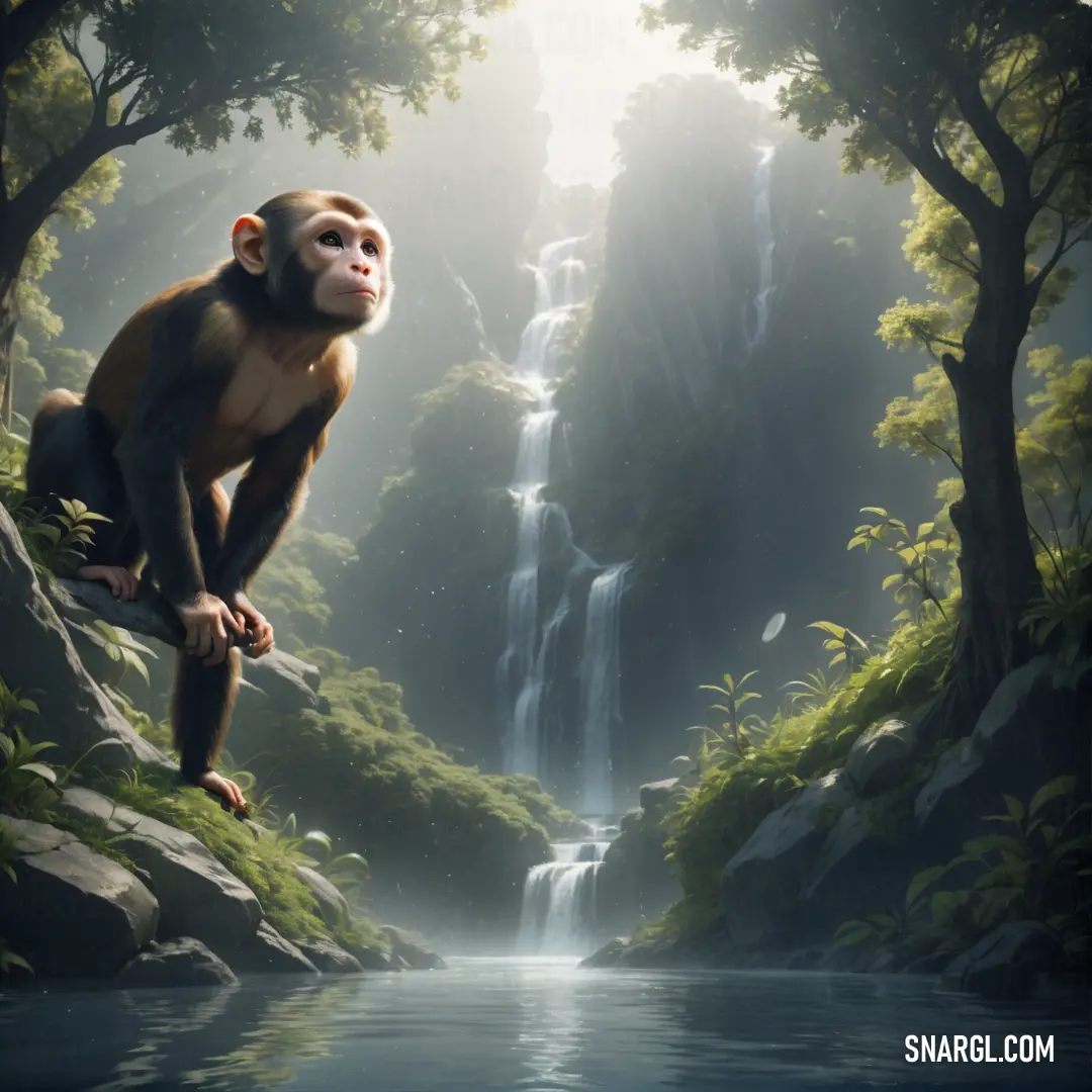 Monkey on a rock in front of a waterfall