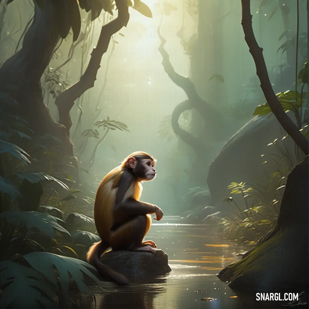 Monkey on a rock in a jungle looking at the sun through the trees and water with a bright light shining on the ground