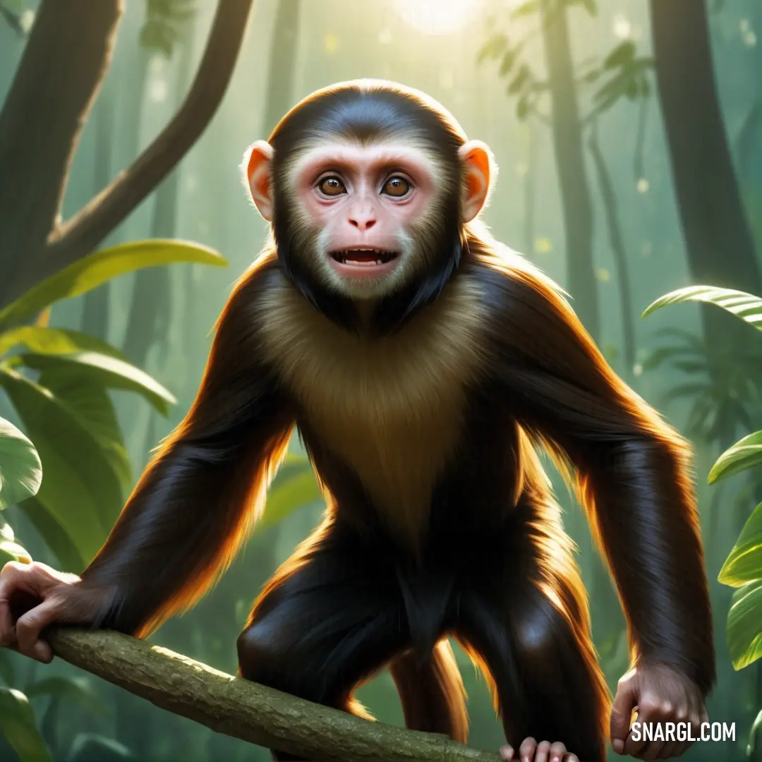 Monkey with a long neck and a long tail is holding a branch in a jungle with trees and plants