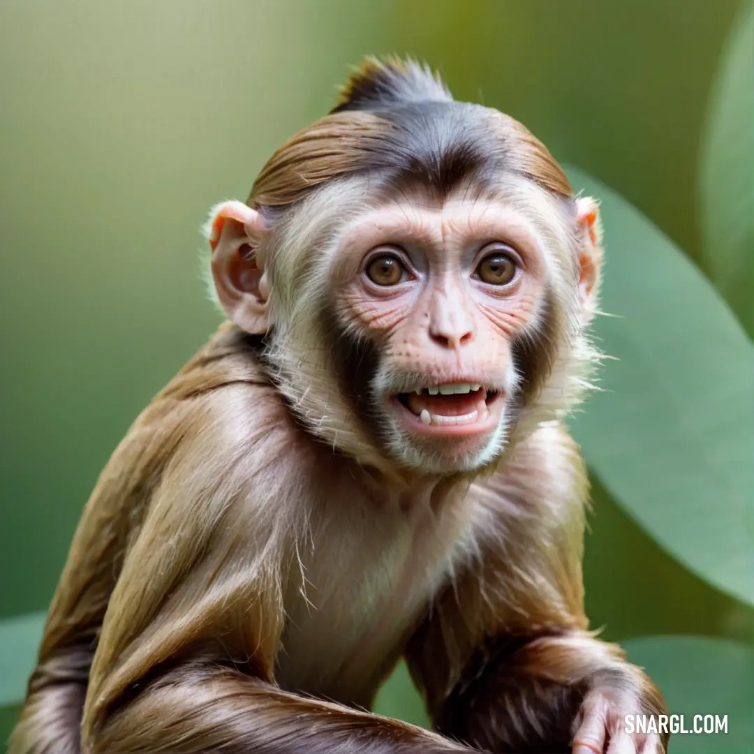 Monkey with a surprised look on its face and hands, on a branch with leaves in the background
