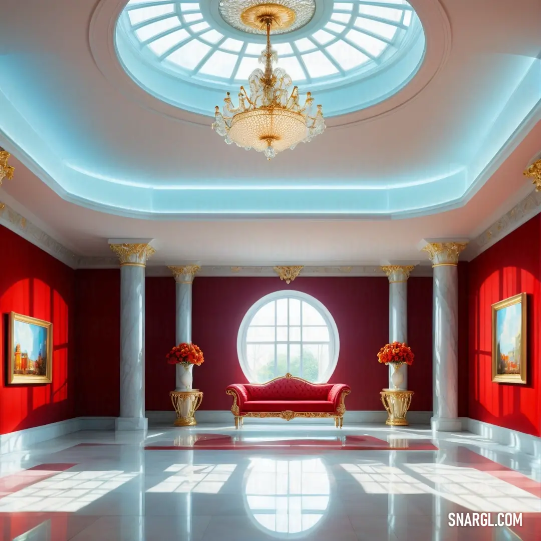 Room with a red couch and a round window in it's center area with a chandelier. Example of Bubbles color.