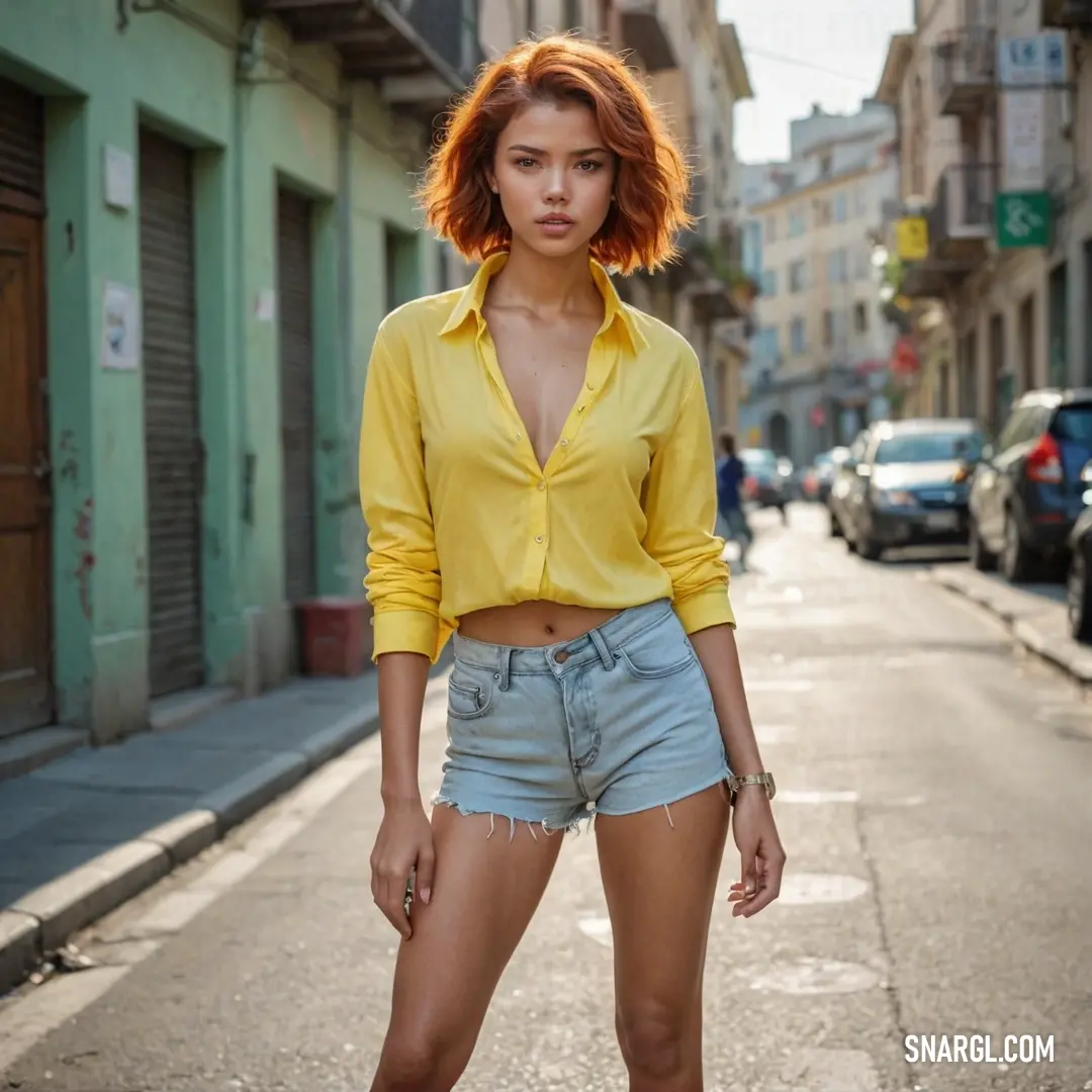 Bubbles color. Woman standing on a street with a yellow shirt on and a pair of shorts on her feet
