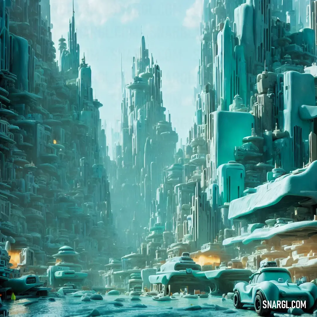 Futuristic city with a futuristic car in the foreground and a futuristic city in the background with a blue sky