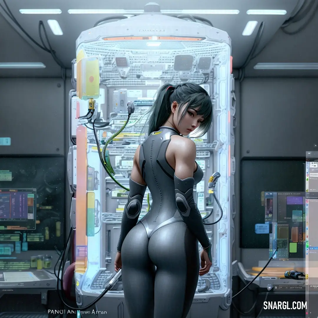 Woman in a futuristic suit standing in front of a computer screen with wires and wires on it's sides