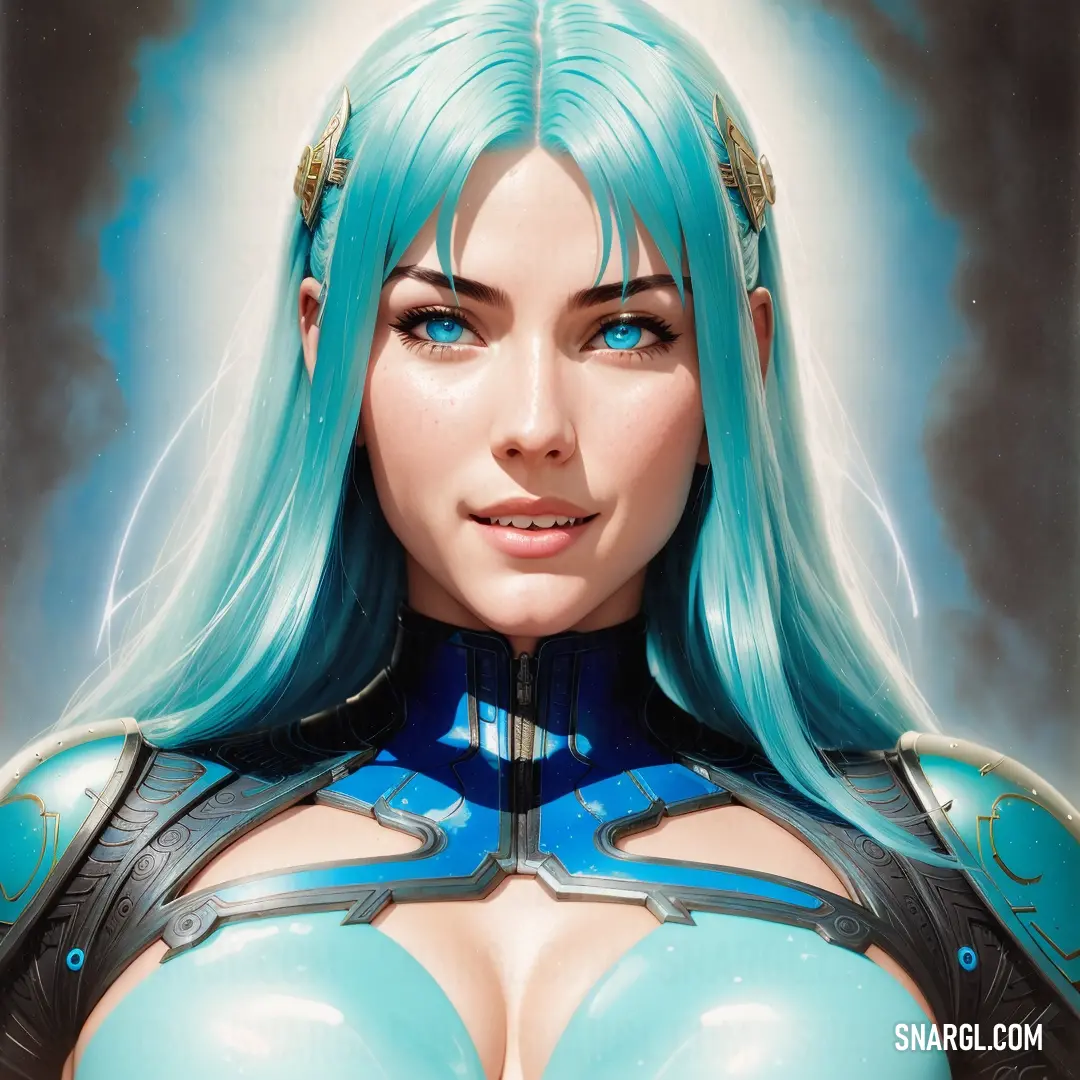 Woman with blue hair and a blue bra top is posing for a picture in a futuristic style artwork