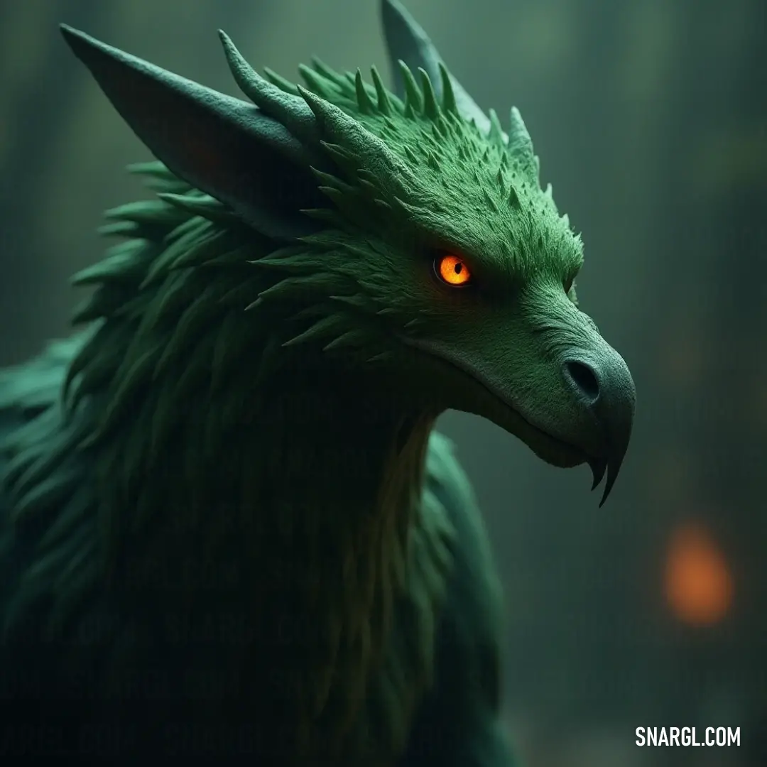 In a shadowy forest, a captivating Green Buckbeak with glowing eyes emerges from the darkness, its magnificence enhanced by the soft lights filtering through the dense trees, creating an enchanting ambiance.