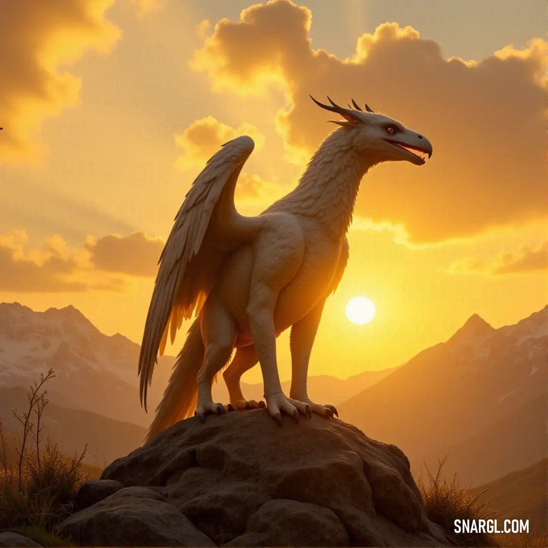 The White Buckbeak gryphon, wings extended in full glory, stands atop a rock at sunset. The warm colors of the evening sky reflect off its feathers, and the mountains in the background add a sense of timeless majesty. A striking White Buckbeak gryphon stands on top of a rock, its wings spread wide as the warm glow of the sunset bathes the landscape. The silhouette of distant mountains adds a majestic touch to the peaceful scene.