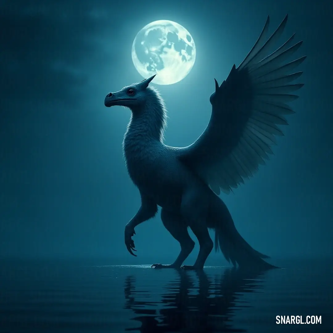 The Buckbeak stands in peaceful waters under the full moon, wings unfurled, its majestic form illuminated by the moonlight. A magnificent Buckbeak stands in the still waters of a serene lake, its wings open in the moonlight. The full moon above reflects off the water, creating a magical, ethereal scene of quiet power.
