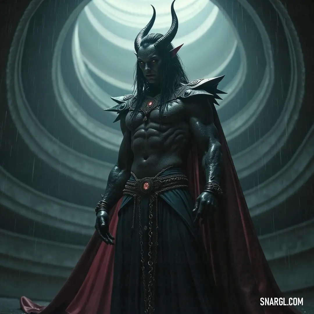 Dressed in a striking horned costume, Buer's presence is amplified by a flowing red cape, creating an enchanting silhouette amidst the mystery of the darkened room. Buer stands in an atmospheric dark room, his horned costume draped elegantly, with a dramatic red cape framing his figure, creating an air of mystery and intrigue in the dim light.