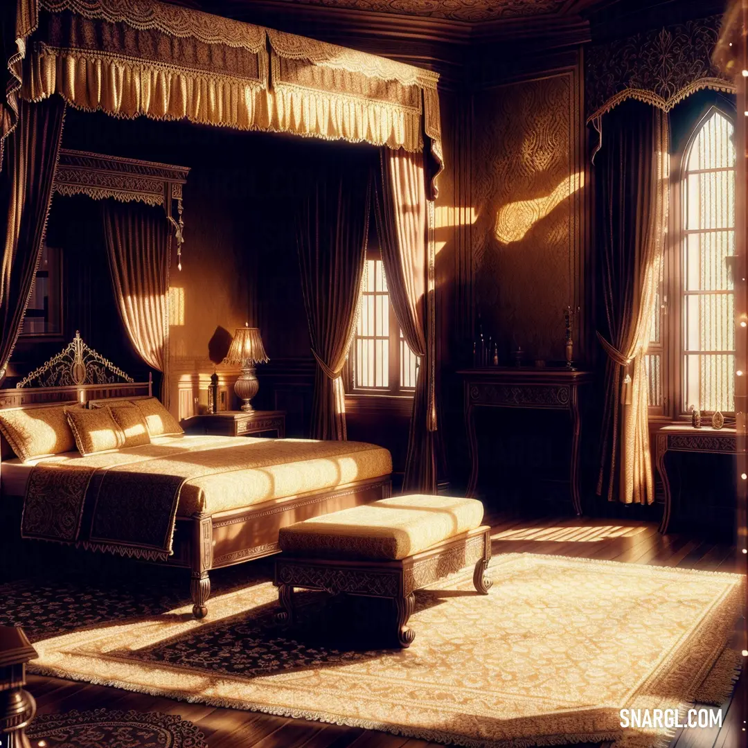 Bedroom with a canopy bed and a large rug on the floor and a window with curtains and drapes