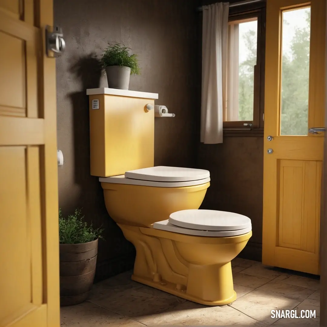 Bathroom with two toilets and a potted plant on the wall next to the toilet seat and lid. Color #F0DC82.