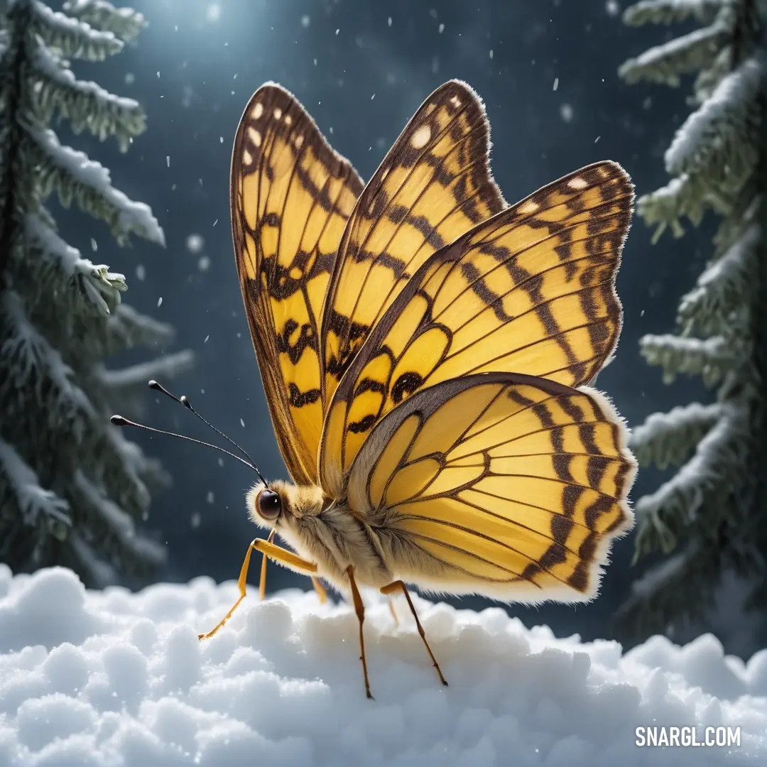 Butterfly on top of a pile of snow next to a pine tree in the snow with a bright light shining on it. Color CMYK 0,8,46,6.