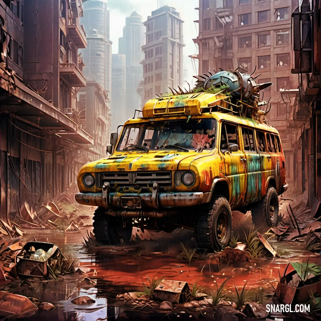 Buff color. Yellow van with a bunch of items on top of it in a dirty city street with buildings and debris