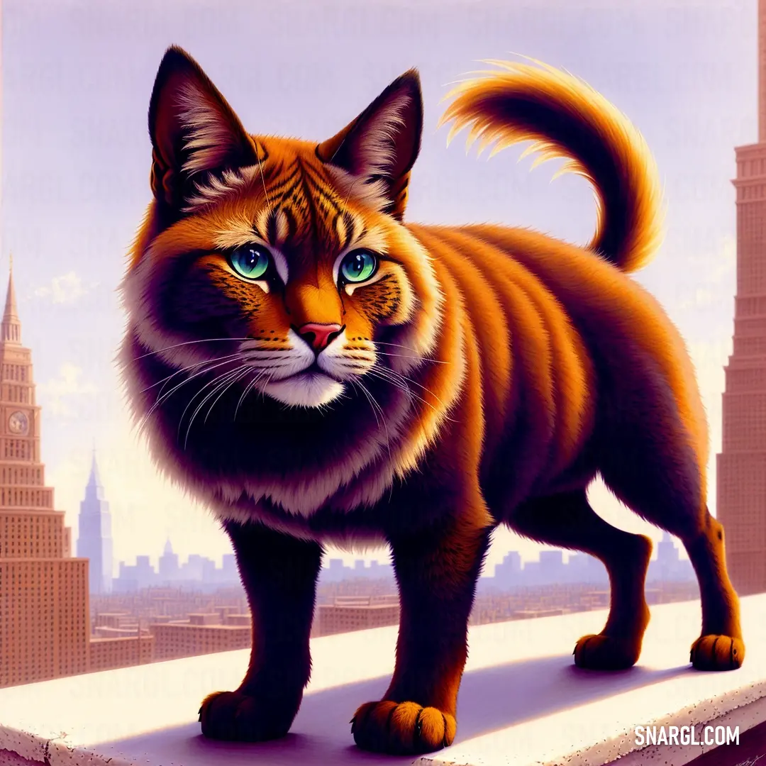 Cat with blue eyes standing on a ledge in front of a cityscape with a clock tower