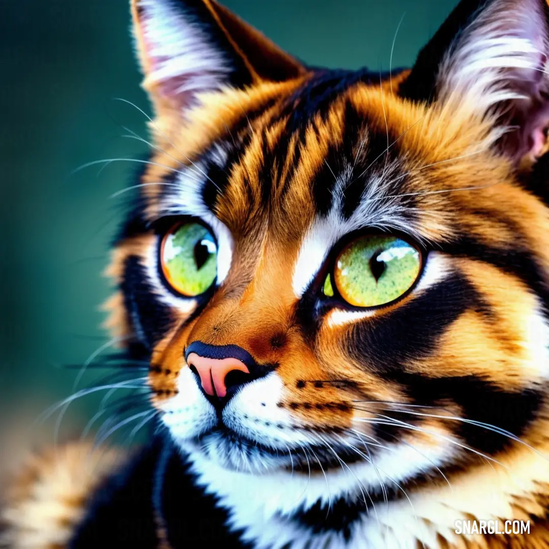 Cat with green eyes looking at the camera with a blurry background of the image behind it