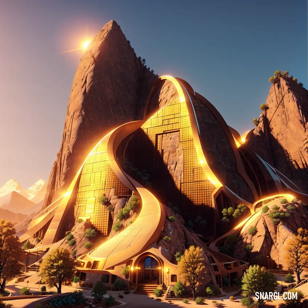 Futuristic mountain house with a spiral staircase leading to it's entrance and a glowing light at the top