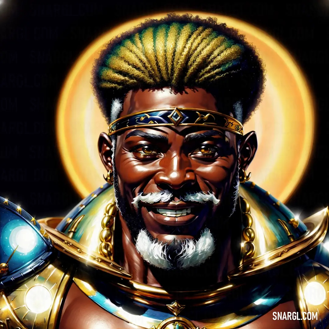 Man with a beard and a gold crown on his head and a gold halo around his neck and shoulders