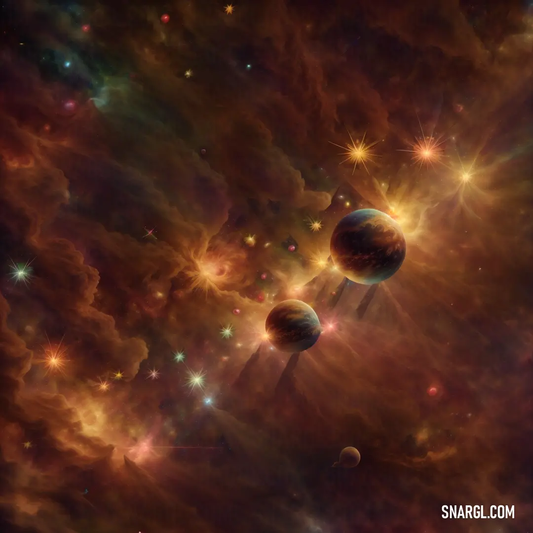 Space scene with two planets in the center of the image and a star cluster in the background with a bright red