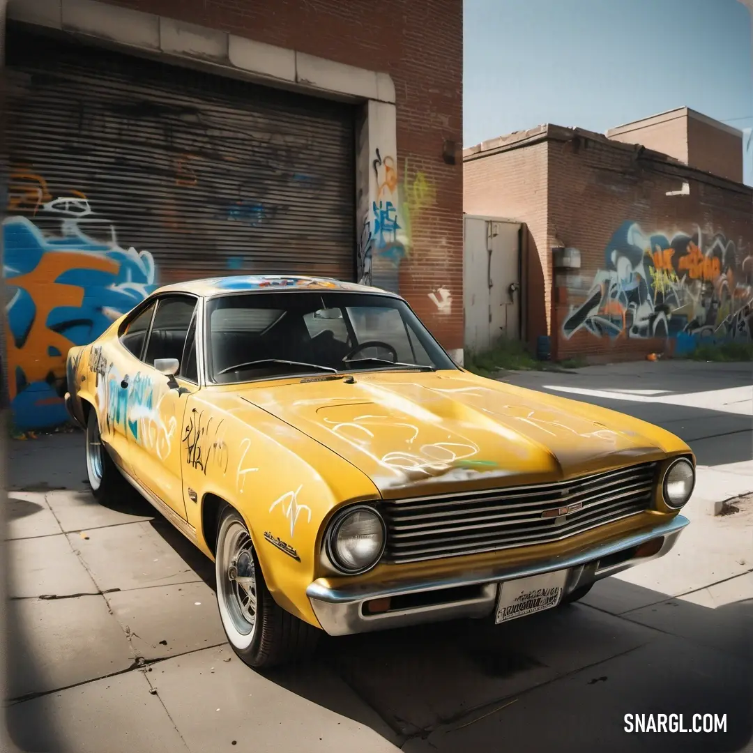 Yellow car parked in front of a building with graffiti on it's side and a door open. Color Buff.